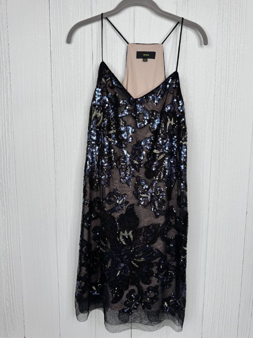 Maia Black Sequin Floral Embroidered Mesh Midi Dress Size 4 Cocktail Party